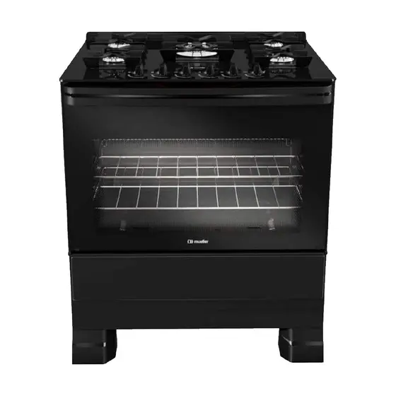 Fogão a Gás de Piso Mueller 5 Bocas Preto Fosco Mesa de Vidro Bivolt MFV5BF