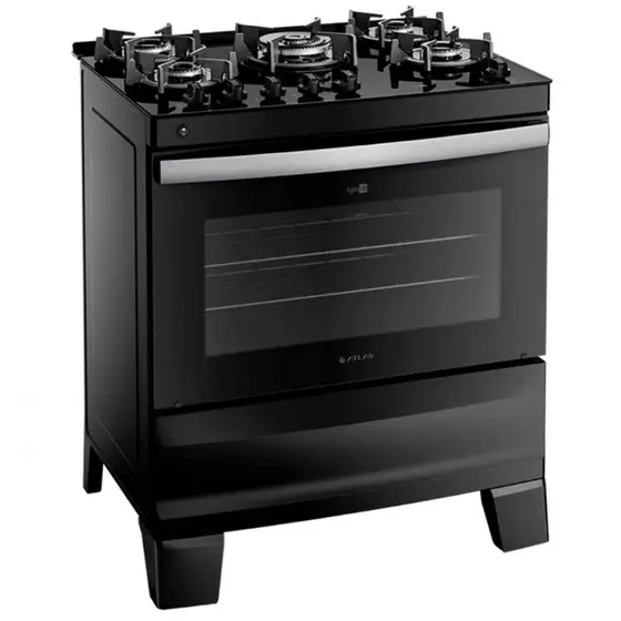 Fogão de Piso a Gás Atlas 5 Bocas Automático Mesa de Vidro Forno 86,5L Agile Glass