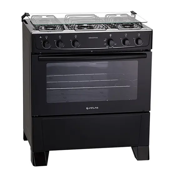 Fogão de Piso a Gás Atlas 5 Bocas Preto com Mesa Inox e Acendimento Automático Bivolt Mônaco Plus