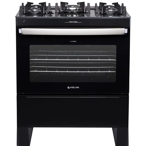 Fogão de Piso a Gás Atlas 5 Bocas Preto com Mesa de Vidro e Acendimento Automatico Bivolt Agile Up Glass