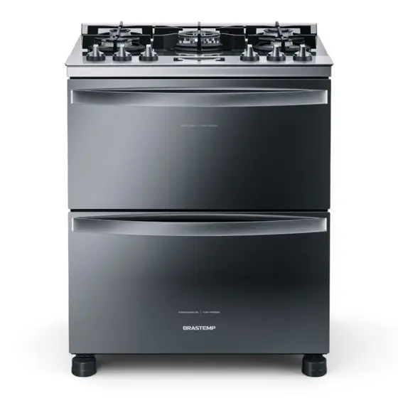 Fogão de Piso a Gás Brastemp 5 Bocas Duplo Forno Cor Inox Com Mesa De Vidro E Touch Timer Com Autodesligamento BFD5VCR