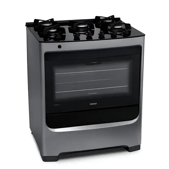 Fogão de Piso a Gás Consul 5 bocas cor inox com mesa de vidro e trempe de ferro fundido CFS5VAR