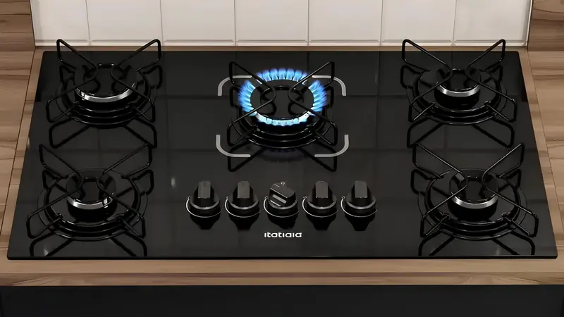 Cooktop Gás 5 Bocas Itatiaia Vidro Temperado Preto Essencial