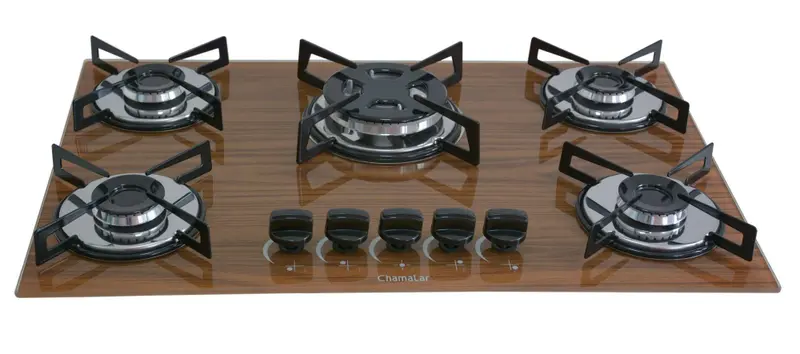Cooktop Gás 5 Bocas Chamalar Tripla Chama Amadeirado Escuro Bivolt GLP Premium