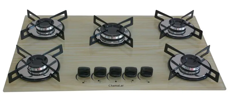 Cooktop Gás 5 Bocas Chamalar Ultra Chama Amadeirado Claro Bivolt GLP Premium