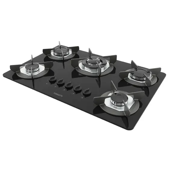 Cooktop Gás 5 Bocas Fogatti Inox Tripla Chama Mesa de Vidro Safe