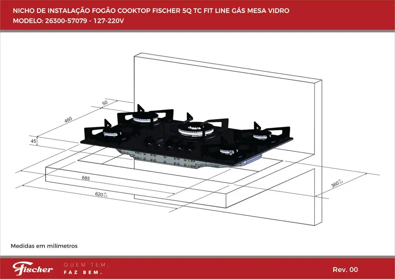 Cooktop Gás 5 Bocas Fischer Tripla Chama Vidro Preto Fit Line 26300-57079