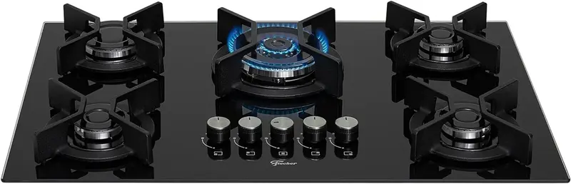 Cooktop Gás 5 Bocas Fischer Tripla Chama Vidro Preto Infinity