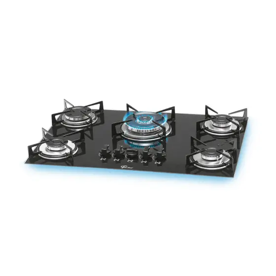 Cooktop Gás 5 Bocas Fischer Tripla Chama Mesa de Vidro Preto