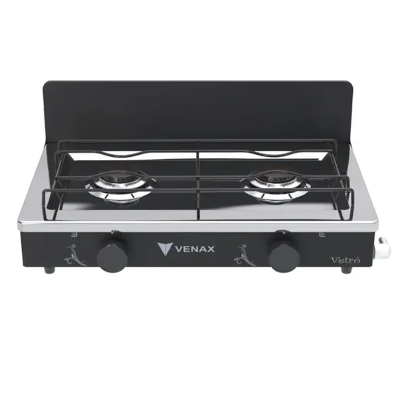 Fogão de Mesa a Gás Venax 2 Bocas Preto Fosco Gás GLP Flamalar Vetro