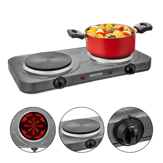Fogão Elétrico de Mesa Lenoxx 2 Bocas Luz Piloto 5 Níveis Temperatura Termostato de Segurança Grand Pratic PFE353