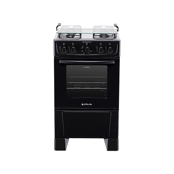 Fogão de Piso a Gás Atlas 4 Bocas Preto Mesa Inox Forno 50 Litros Bivolt Coliseum Plus
