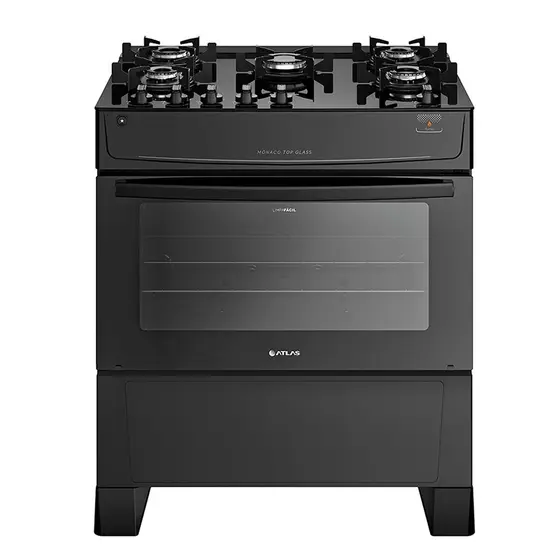 Fogão de Piso a Gás Atlas 5 Bocas Preto Acendimento Automático Mônaco Top Glass