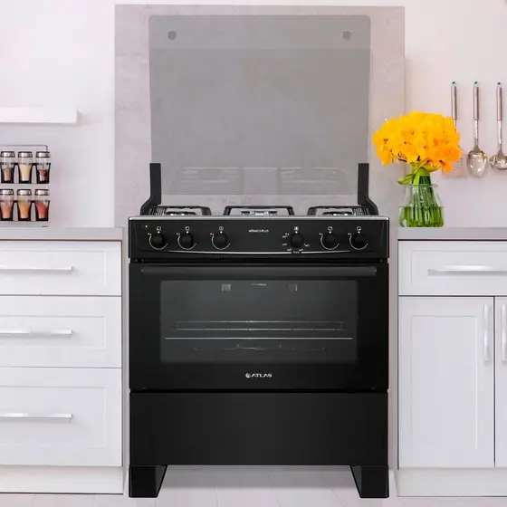 Fogão de Piso a Gás Atlas 5 Bocas Preto Mesa de Inox Tampa Vidro Forno Cozinha Moderna Mônaco