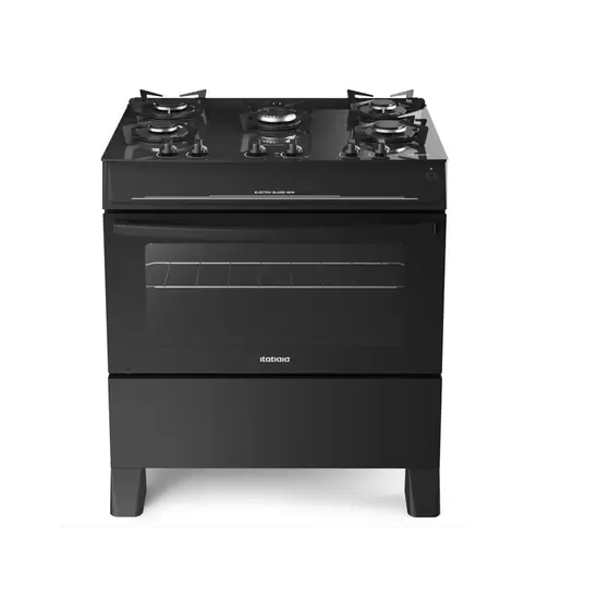 Fogão de Piso a Gás Itatiaia 5 Bocas Preto com Mesa de Vidro Bivolt Electra Glass New