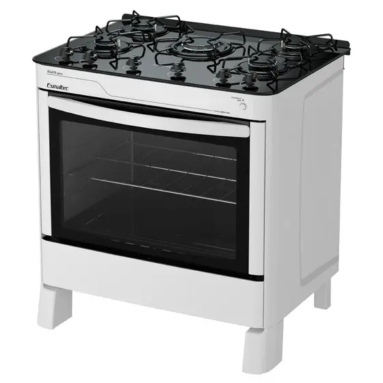 Fogão de Piso a Gás Esmaltec 5 Bocas Branco Forno Limpa Fácil e Acendimento Automático Ágata Glass