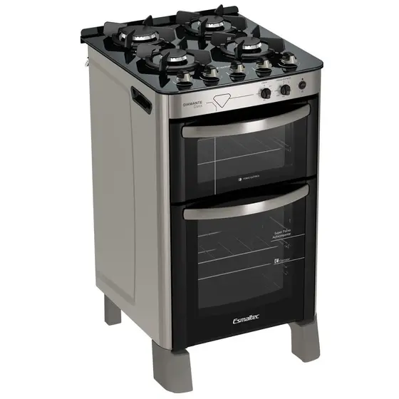 Fogão de Piso a Gás Esmaltec 4 bocas Inox com Duplo Forno e Timer Sonoro Diamante Glass