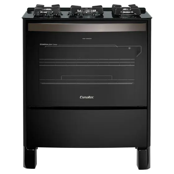 Fogão de Piso a Gás Esmaltec 5 Bocas Preto com Timer Digital e Grill Elétrico Esmeralda Glass Gourmet