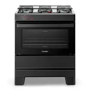 Fogão de Piso a Gás Esmaltec 5 Bocas Preto Mesa Inox Tampa de Vidro Forno Limpa Fácil Acendimento Automático IDEAL Top