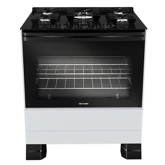 Fogão de Piso a Gás Mueller 5 bocas Branco com Mesa de Vidro e Tripla Chama MFV5BF