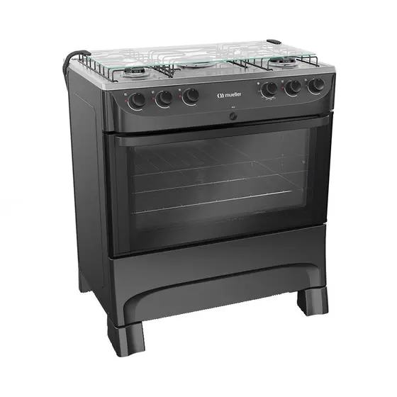 Fogão de Piso a Gás Mueller 5 Bocas Automático Mesa de Inox Forno 81,6 Litros MFI5BB