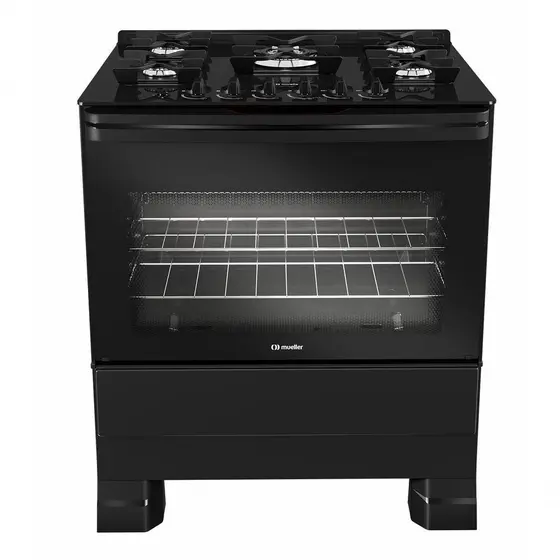 Fogão de Piso a Gás Mueller 5 Bocas Preto Bivolt Mesa de Vidro Tripla Chama MFV5BF