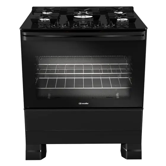 Fogão de Piso a Gás Mueller 5 bocas Preto com Mesa de Vidro e Tripla Chama MFV5BF