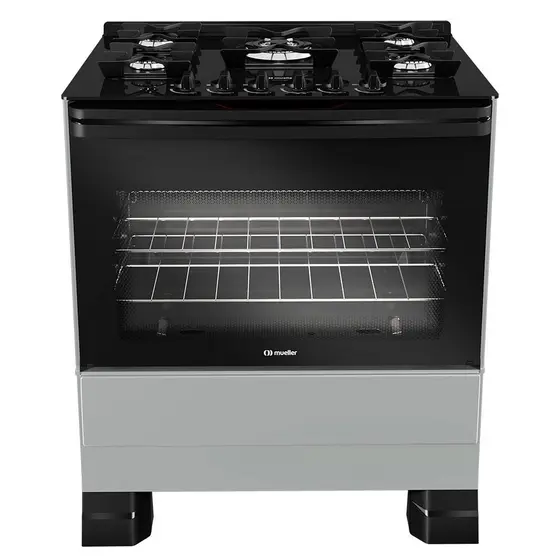 Fogão de Piso a Gás Mueller 5 bocas Titânio com Mesa de Vidro e Tripla Chama MFV5BF