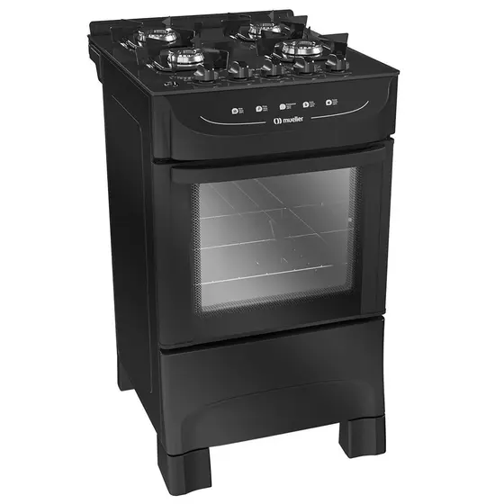 Fogão de Piso a Gás Mueller 4 Bocas Automático Mesa de Vidro Forno Total Clean MFV4BB