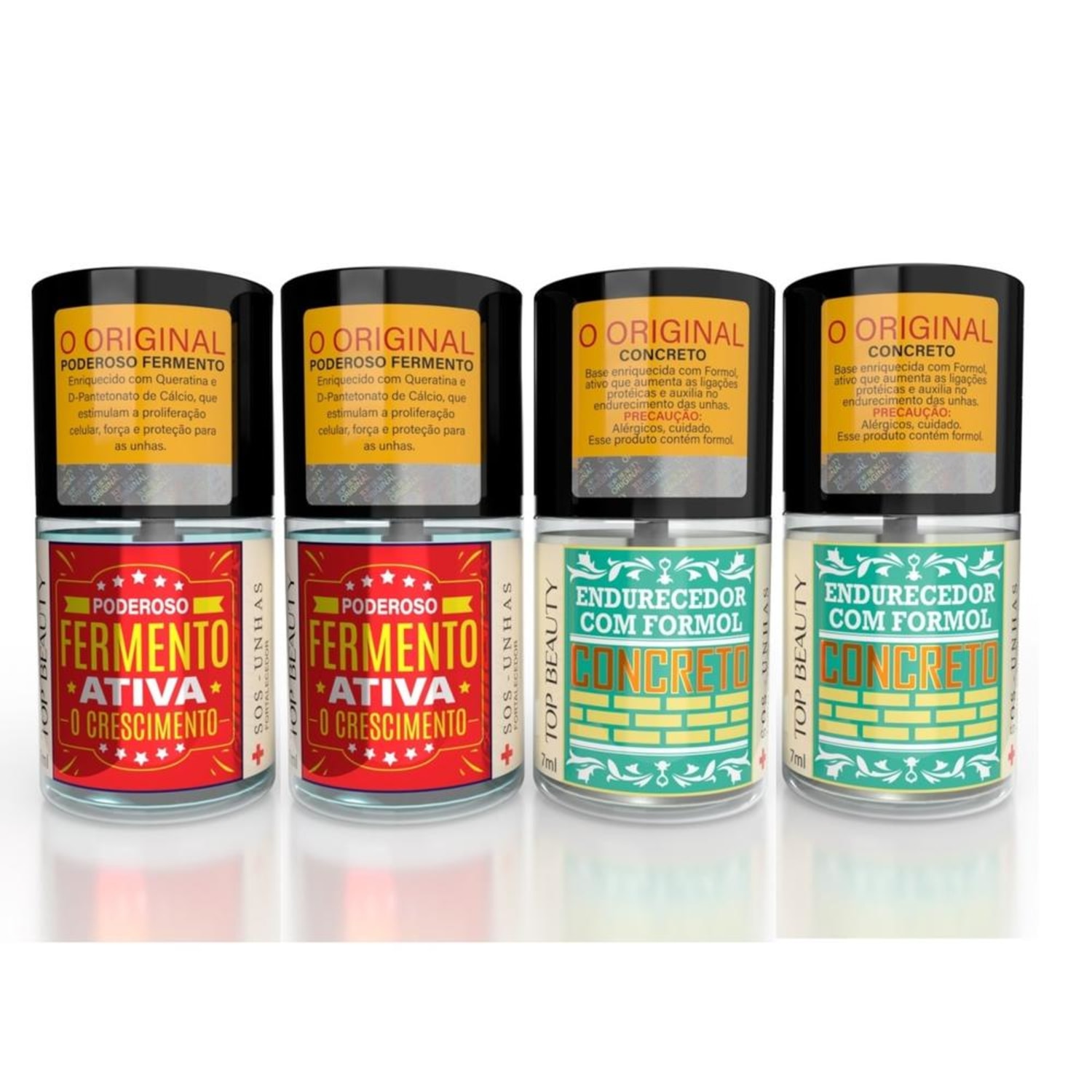 Kit 4 Bases de Unhas Top Beauty Fortalecedora 2 Fermento Ativo 2 Concreto 7ml cada