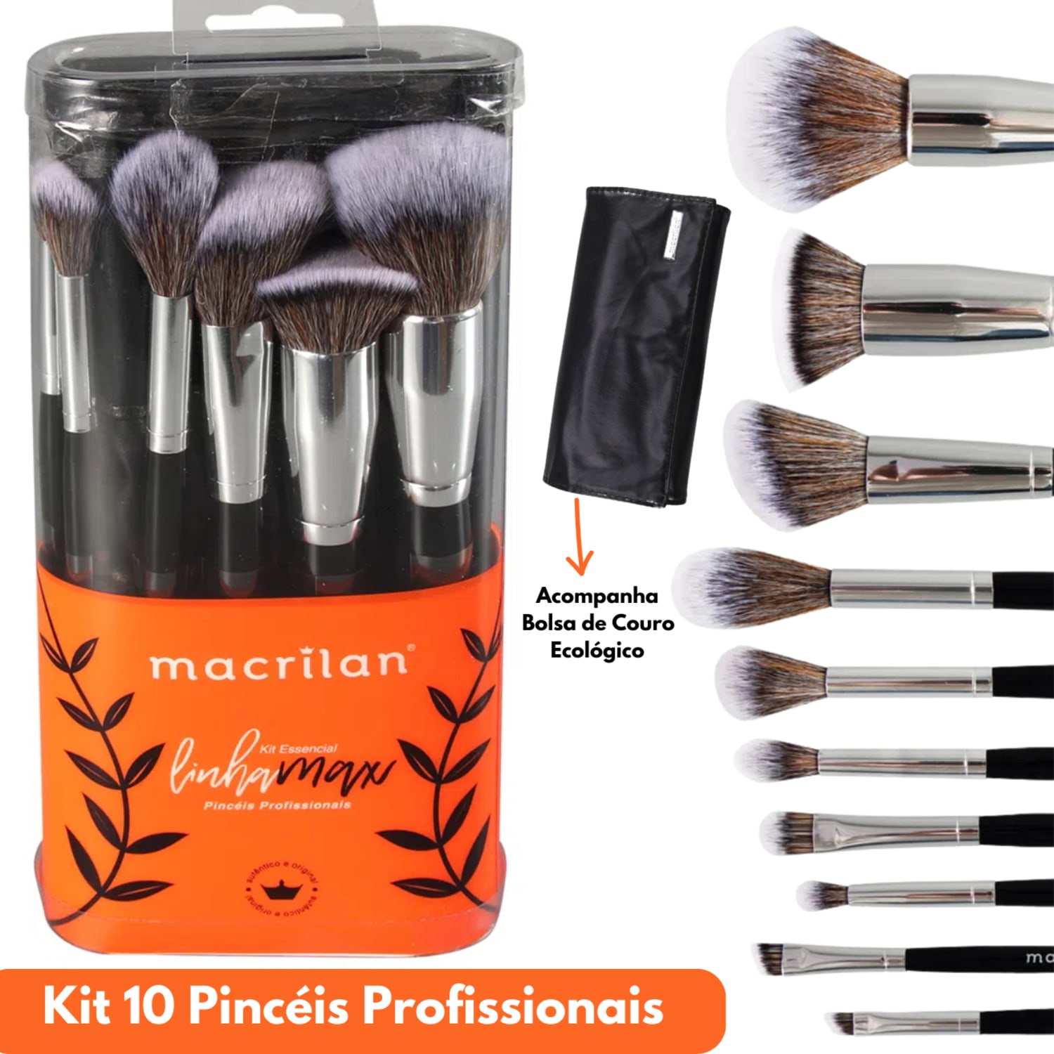 Kit Pincel Macrilan A100 Max Profissionais com Nécessaire 10 Pincéis