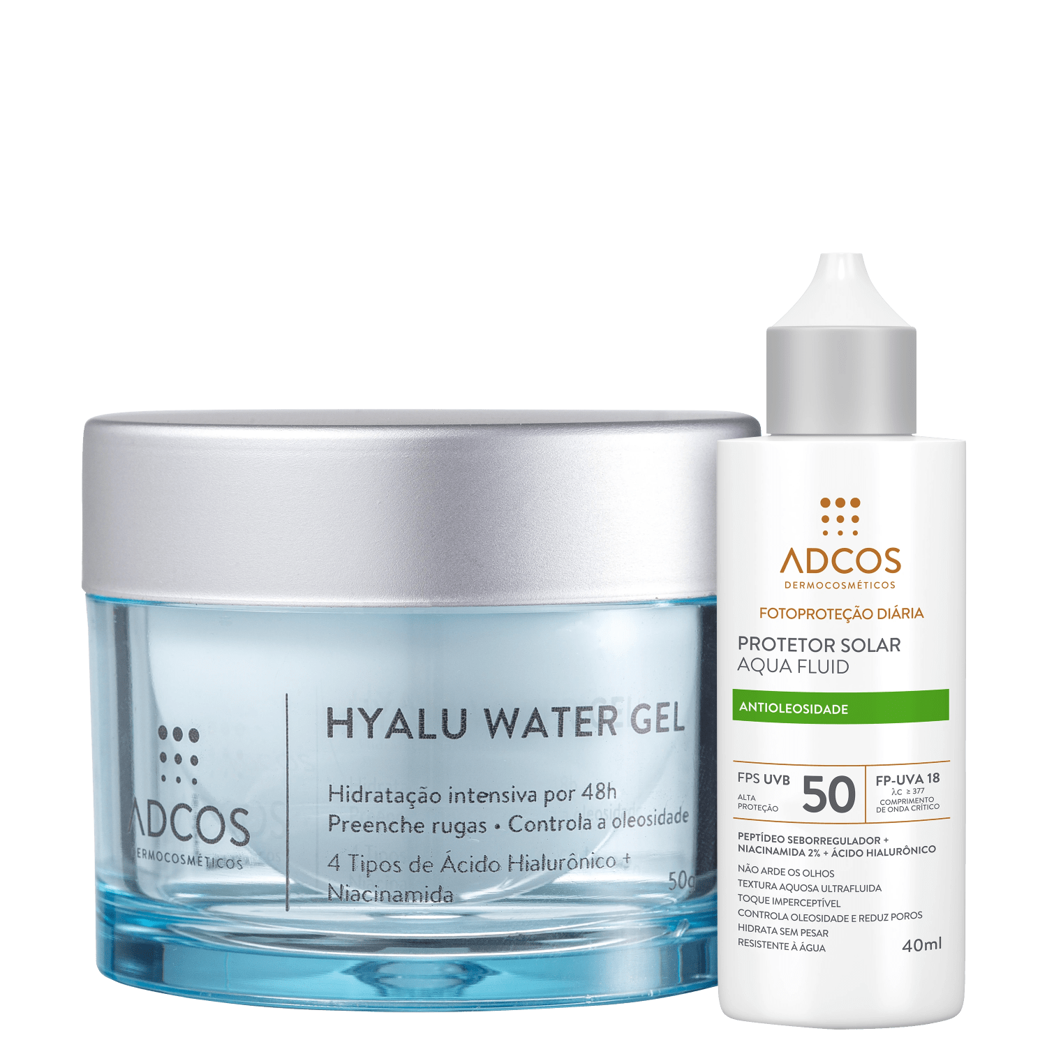 Kit Adcos Hyalu Water Gel Fotoproteção Diária Aqua Fluid FPS50 Incolor 2 Produtos