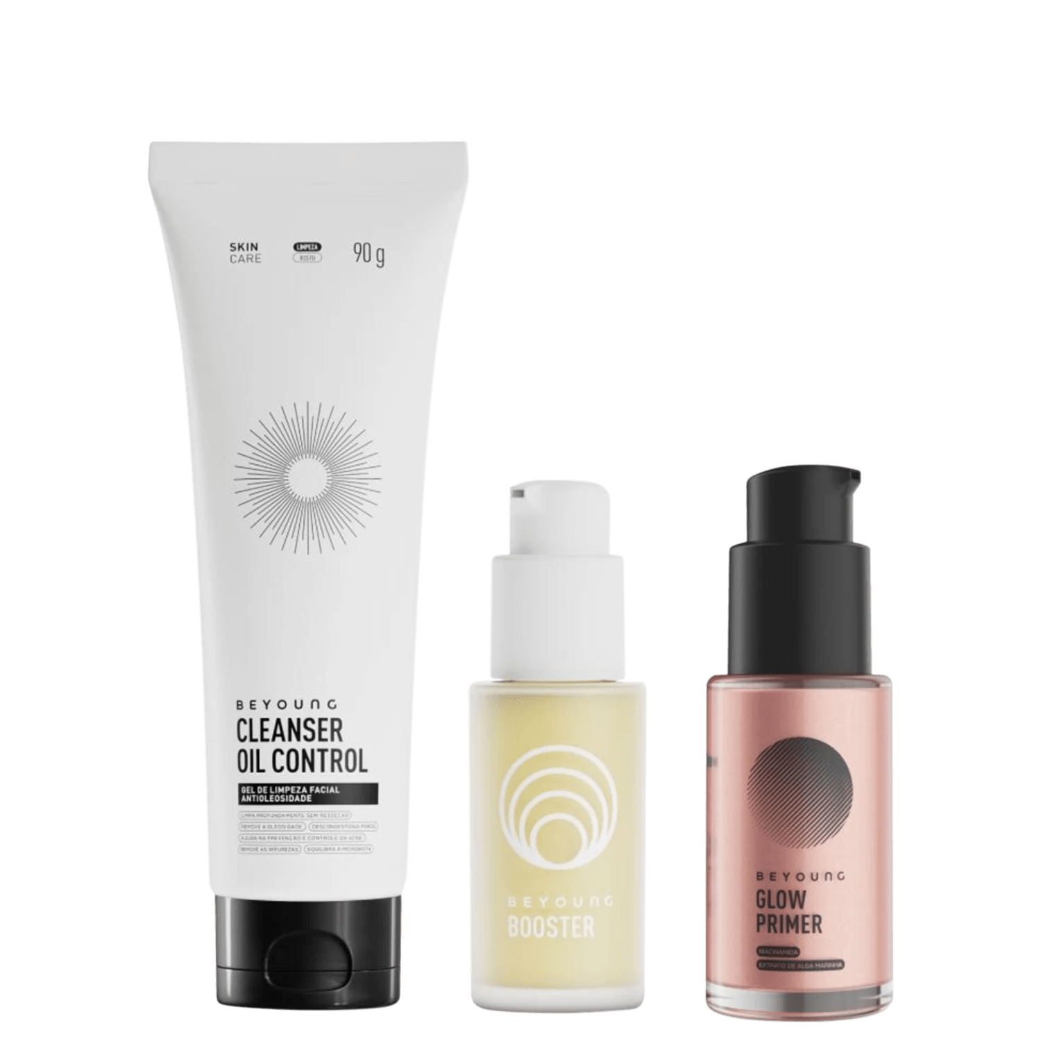 Kit Skincare Beyoung Básico Rose Cleanser Oil Control 90g Booster 30ml Glow Primer Rose 30ml 3 unidades