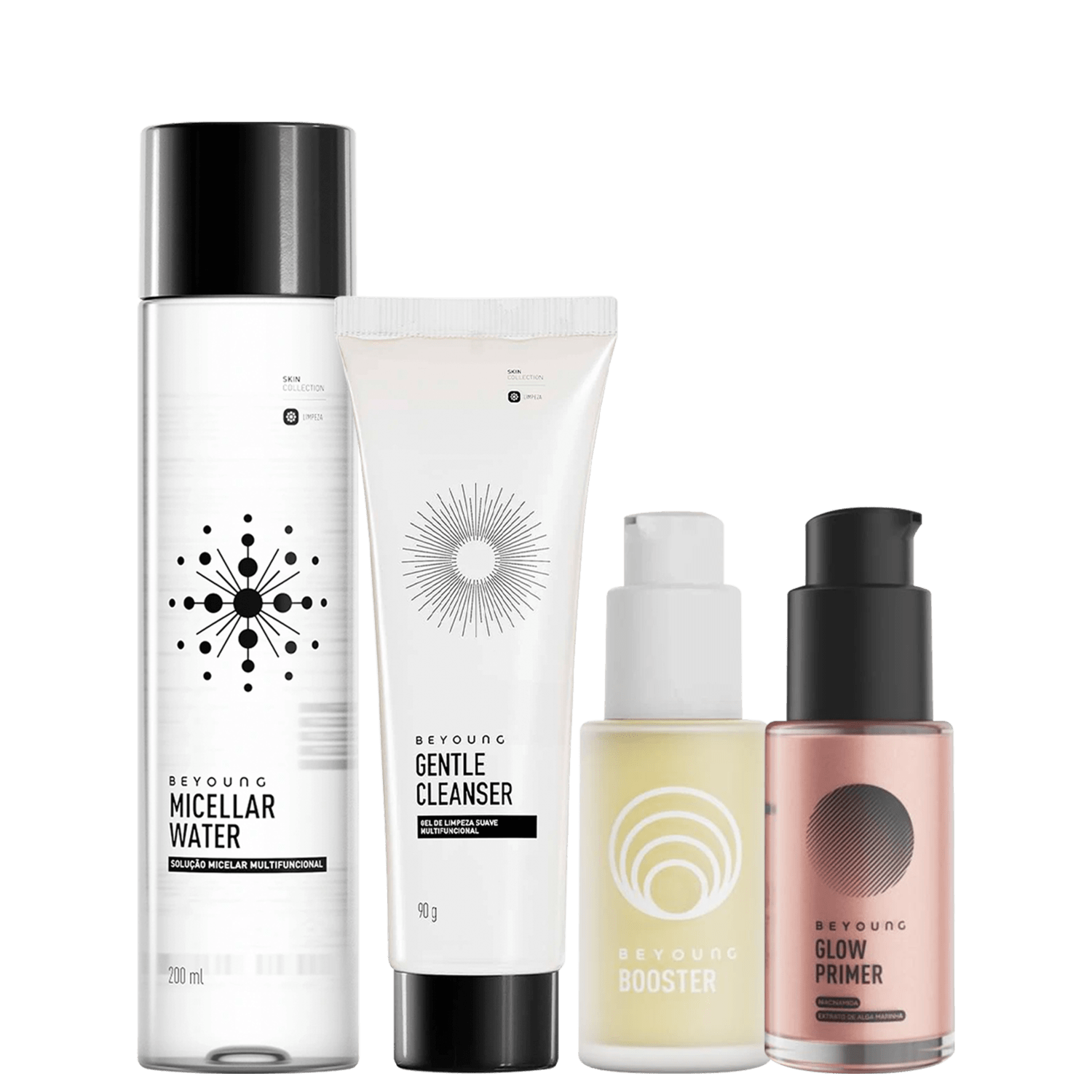 Kit Beyoung Clássicos Glow Primer Rose Booster Micellar Water Gentle Cleanser 4 Produtos