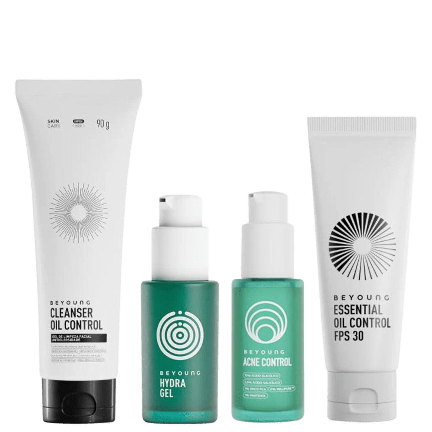 Kit Skincare Beyoung Tratamento Completo para Pele Oleosa Acneica Acne Control 30ml Hydra Gel 30g Cleanser Oil Control 90g FPS 30 Oil Control 40g 4 unidades