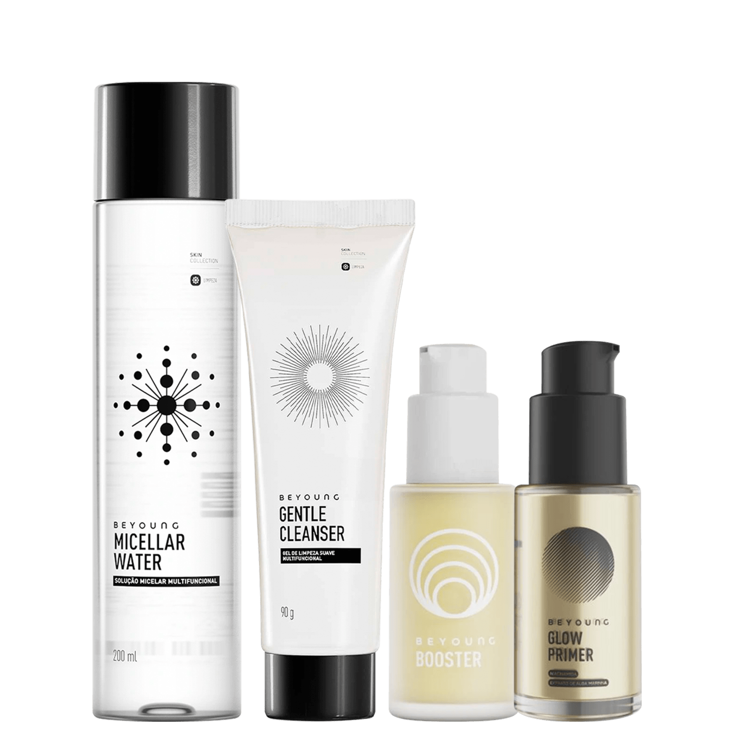Kit Beyoung Dourado Clássicos Booster 30ml Micellar Water 200ml Gentle Cleanser 90g Glow Primer Gold 30ml