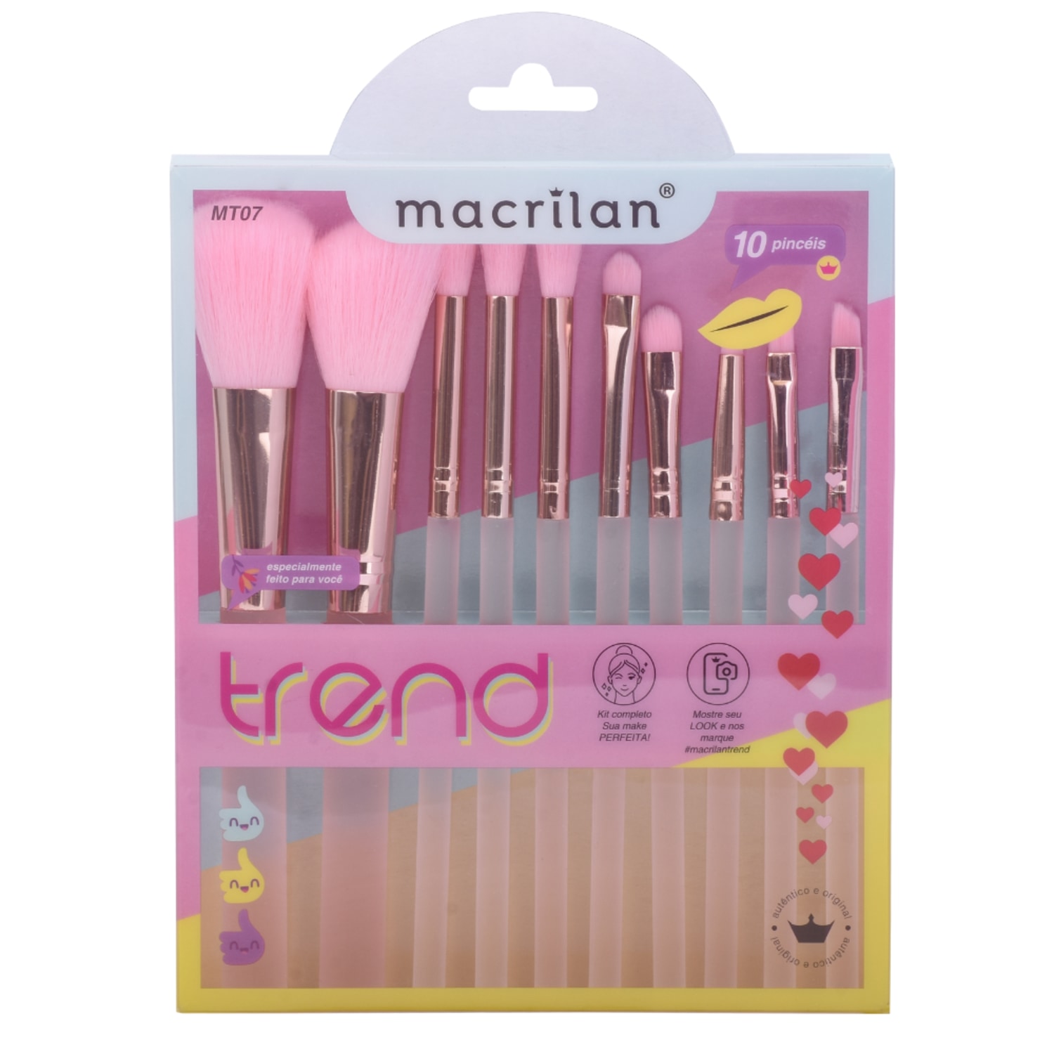 Kit Pincel Macrilan Trend MT07 Rosa para Maquiagem 10 Pincéis