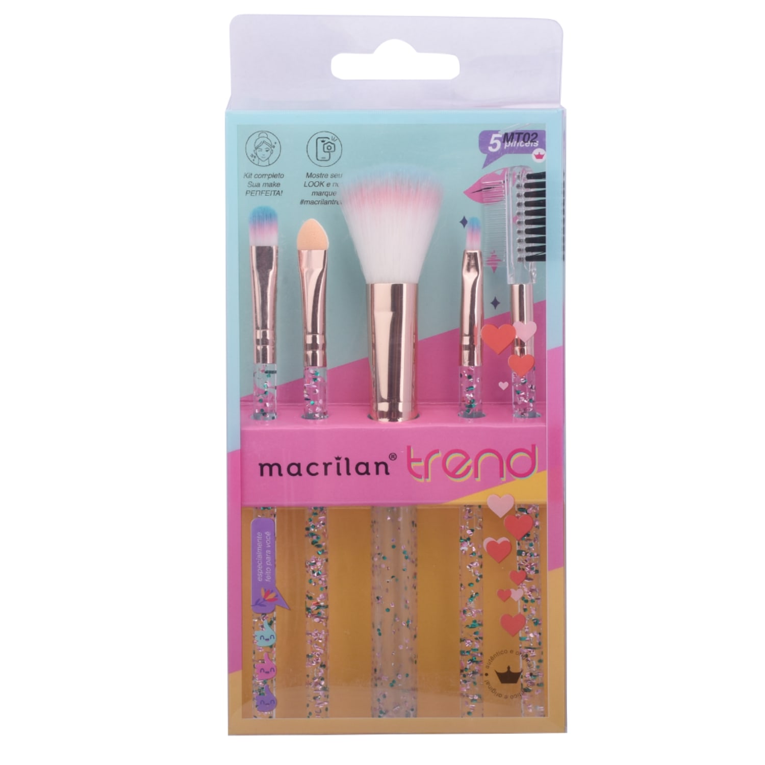 Kit Pincel Macrilan Trend MT02 Rosa para Maquiagem 5 Pincéis