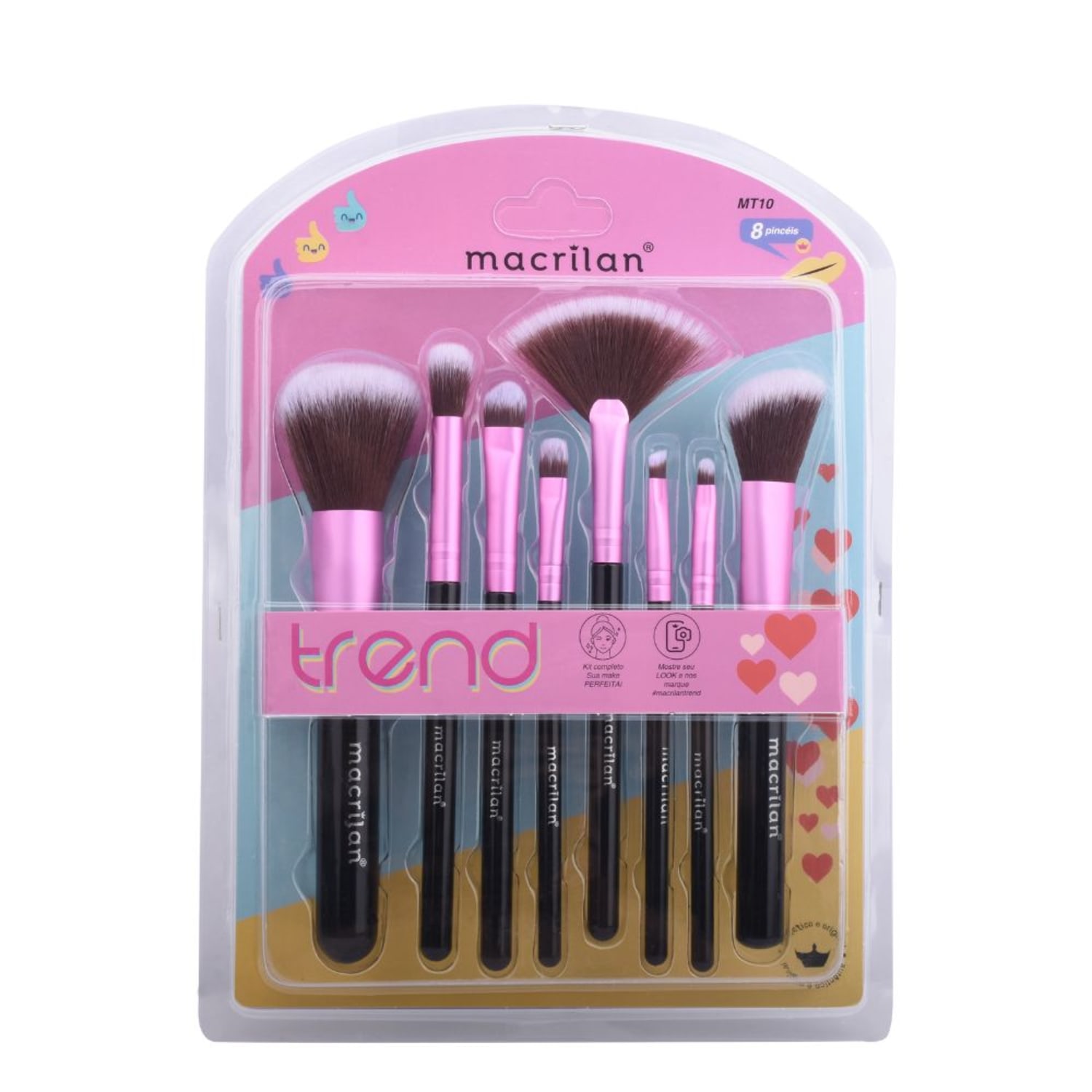 Kit Pincel Macrilan Trend MT10 Rosa para Maquiagem 8 Pincéis