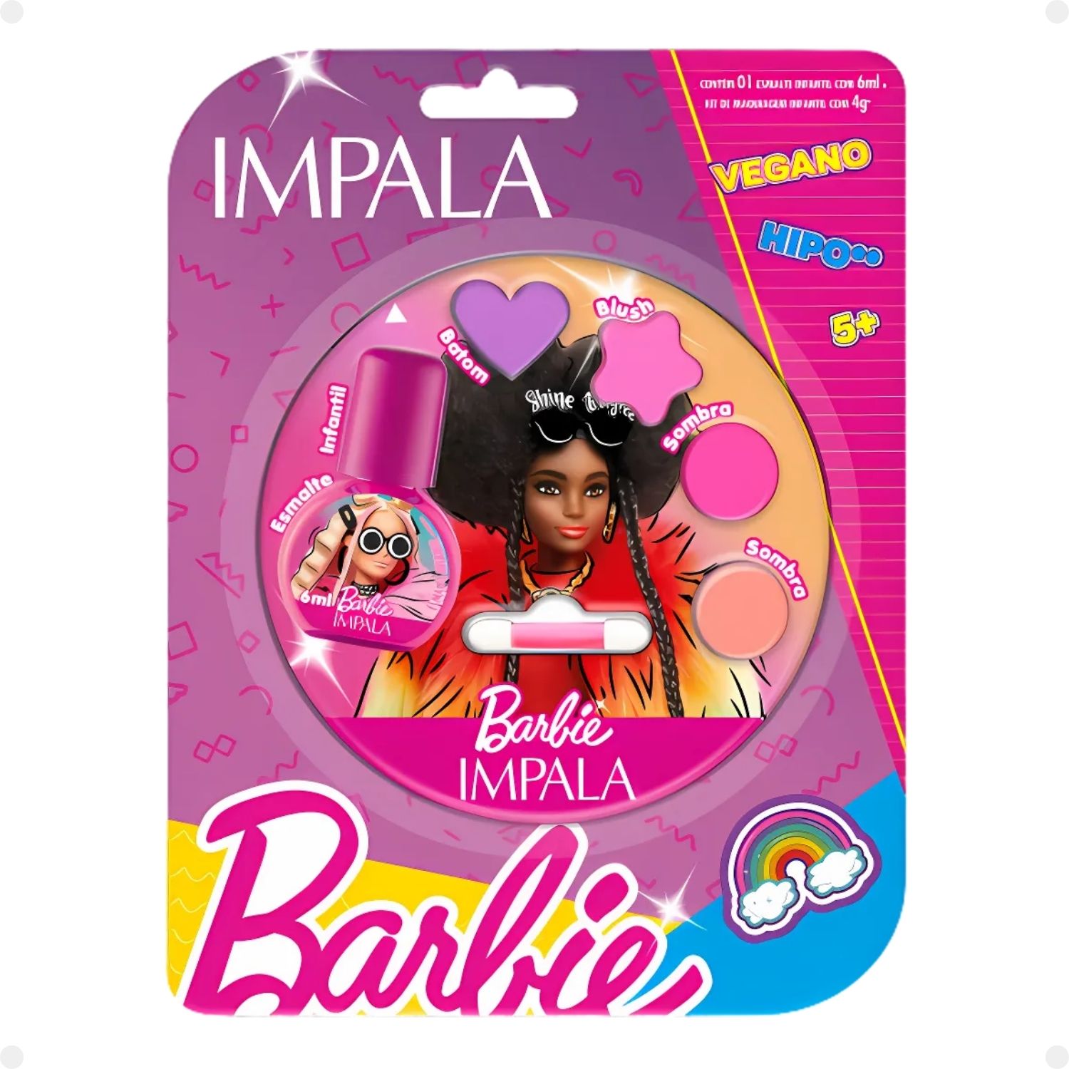 Kit Impala Barbie: 1 Esmalte Icônica e Paleta de Maquiagem Infantil 2un