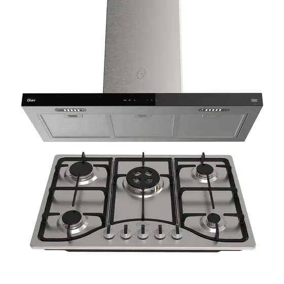 Cooktop Gás 5 Bocas Oster Inox (Kit com Coifa de Ilha 90 cm)