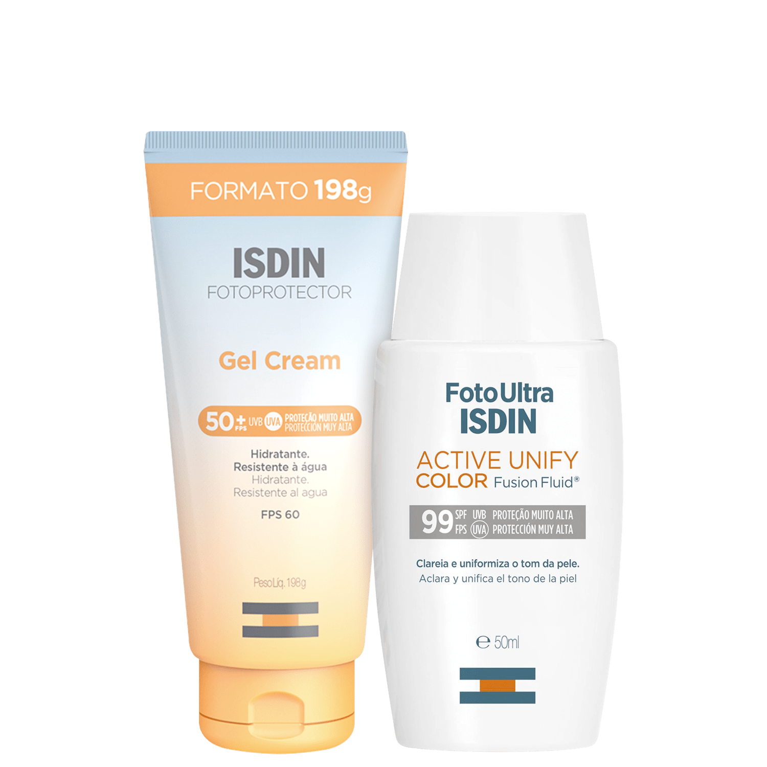 Kit ISDIN Foto Ultra Active Unify Fusion Fluid Color Fotoprotector Gel Cream 2 Produtos