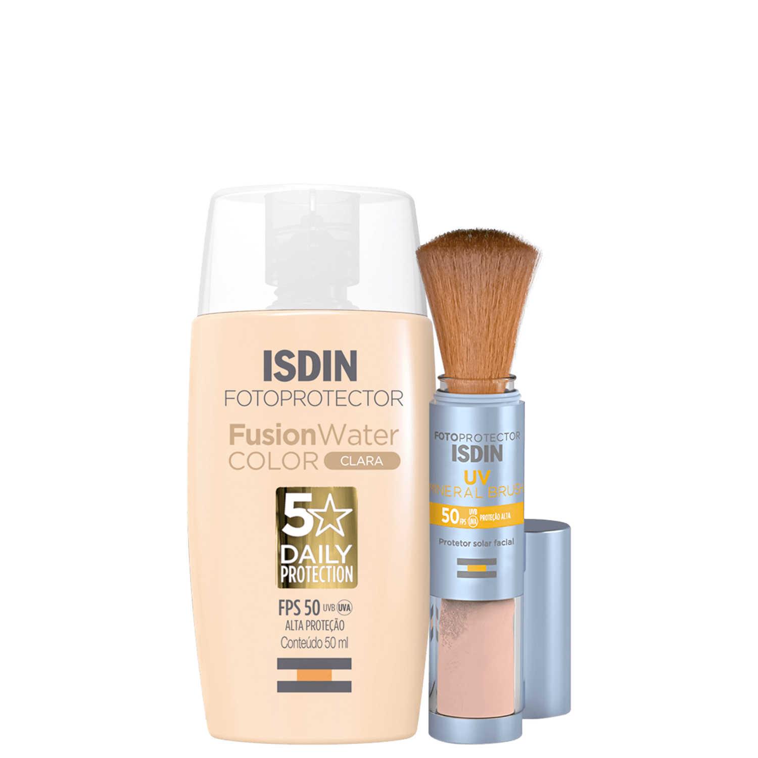 Kit ISDIN Fusion Water 5 Stars Color Clara UV Brush Mineral 2 Produtos