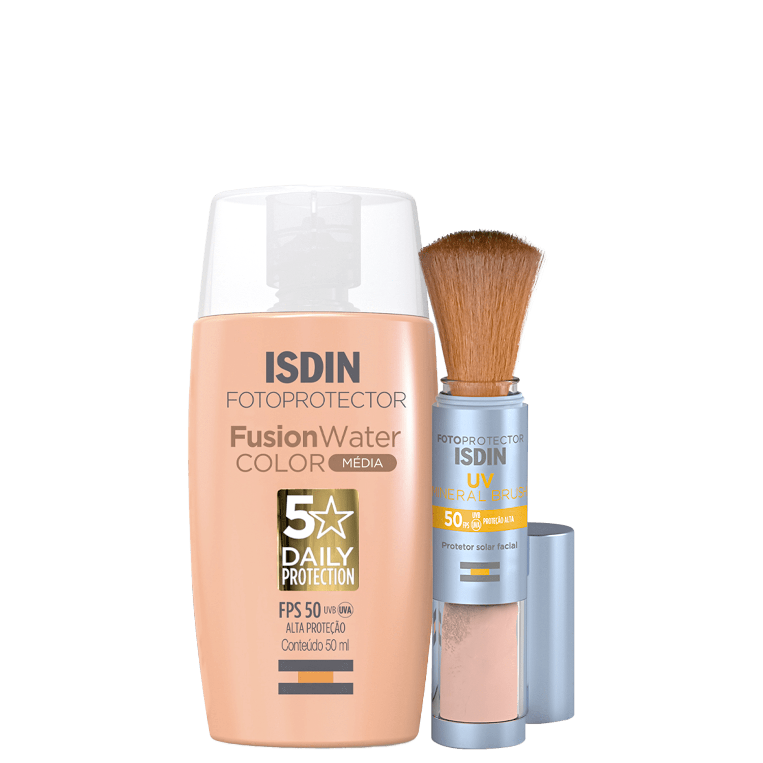 Kit ISDIN Fusion Water 5 Stars Color Médio UV Brush Mineral 2 Produtos