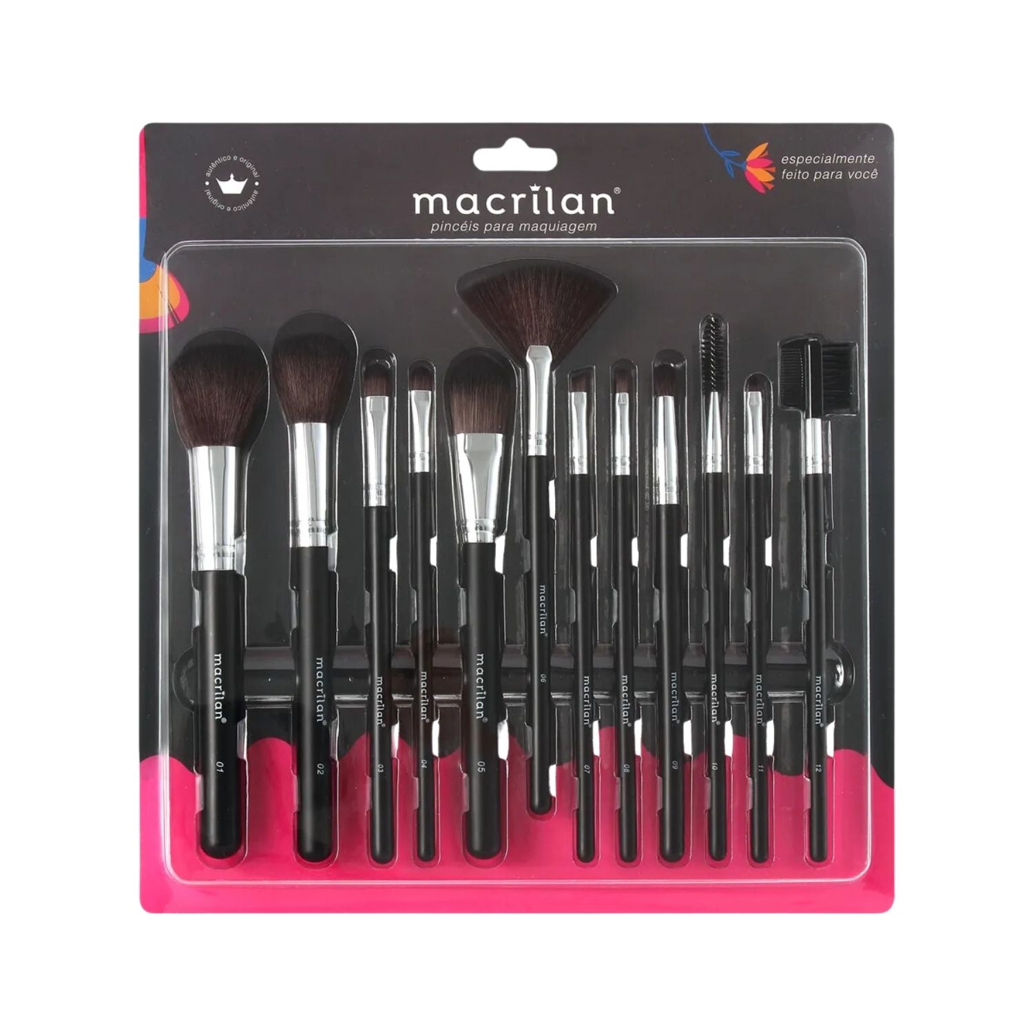 Kit Pincel Macrilan KP9-1A para Maquiagem 12 Pincéis
