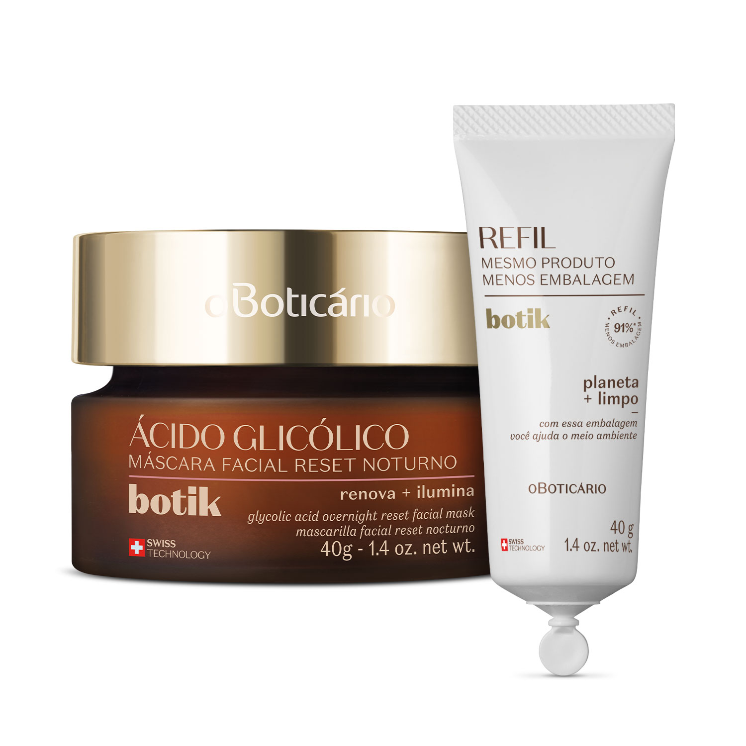 Kit o Boticário Botik Ácido Glicólico Reset Noturno Refil 2 Produtos