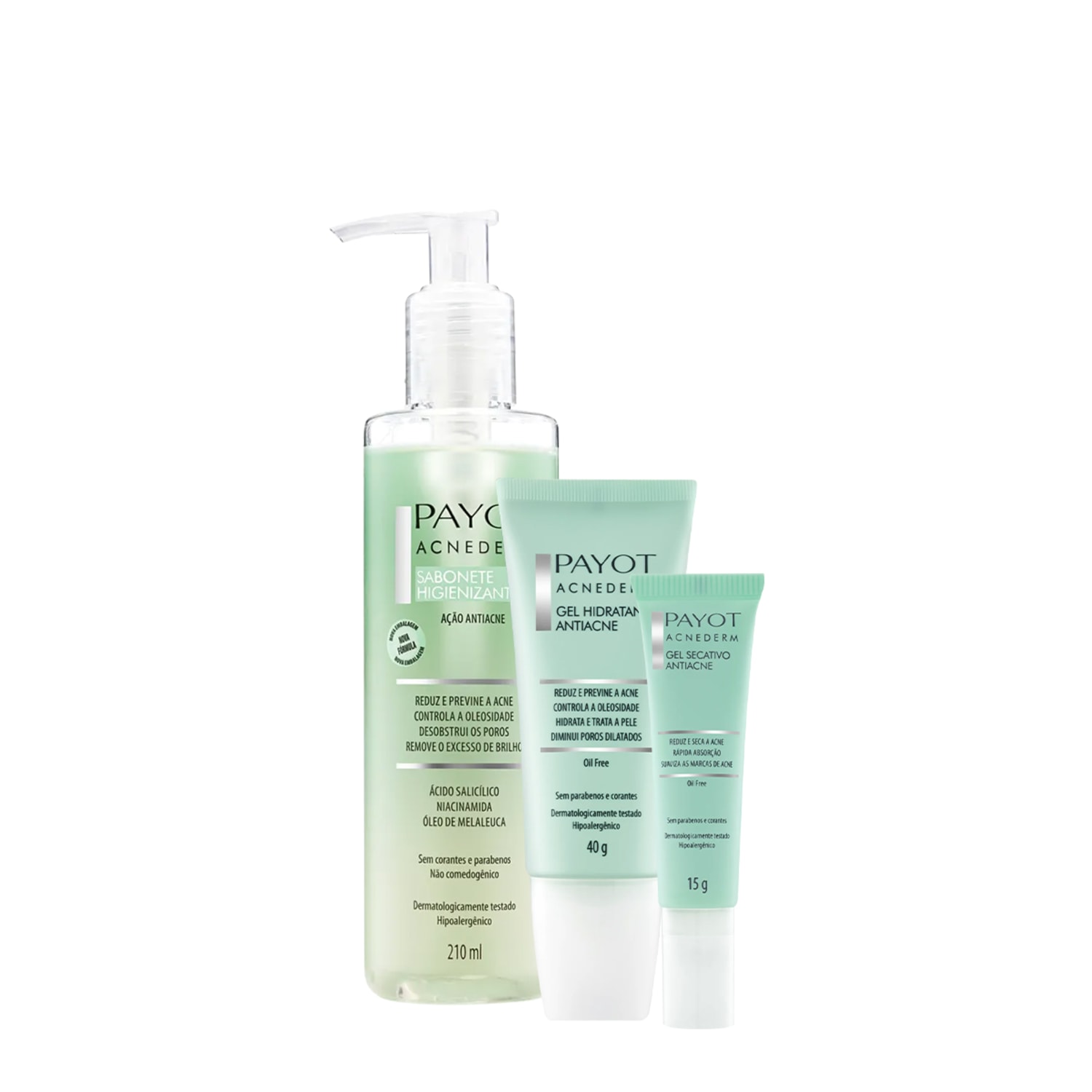 Kit Payot Acnederm Gel Hidratante Antiacne Secativo e Sabonete Líquido 3 Produtos