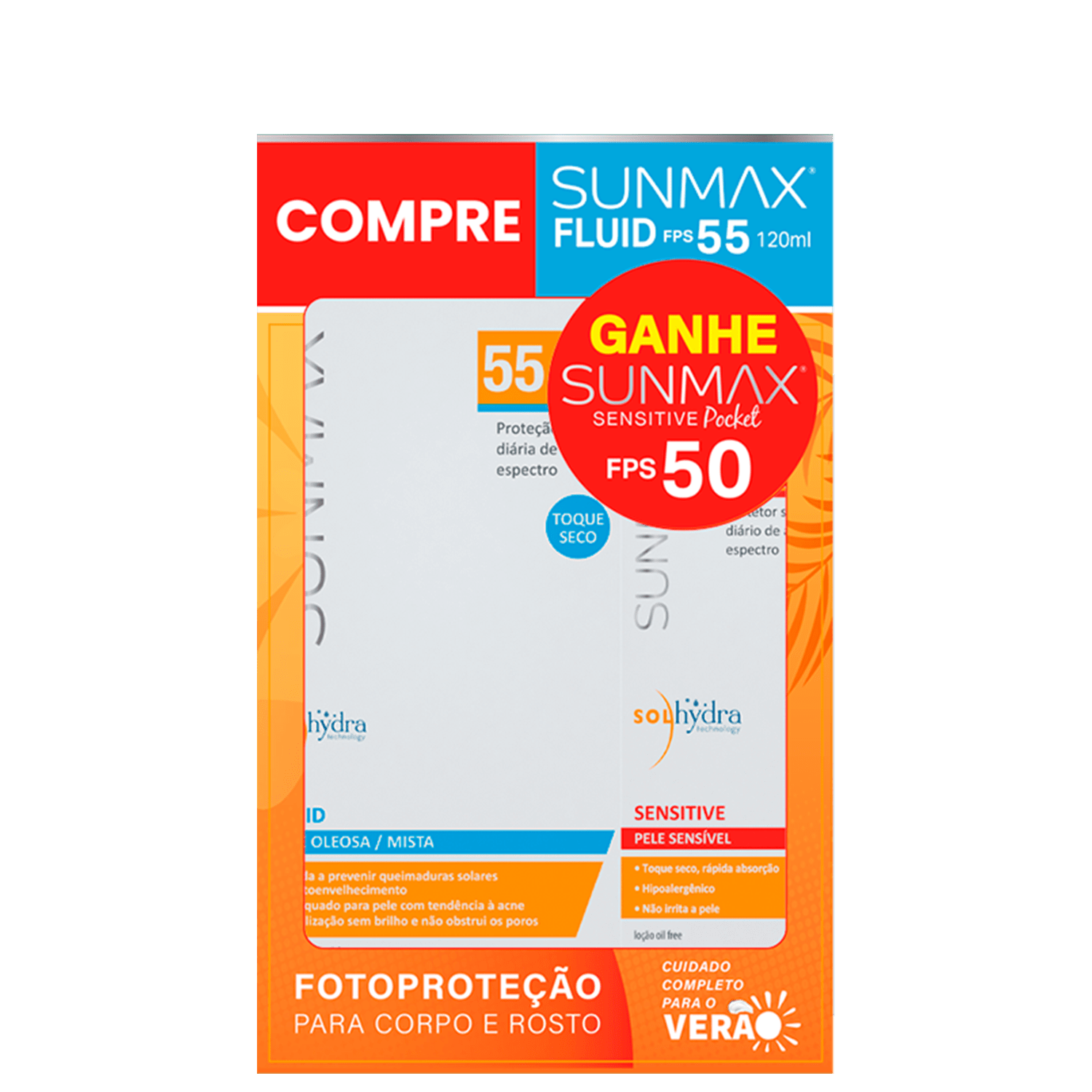 Kit Sunmax Fluid FPS 55 Sunmax Sensitive Pocket FPS 50 2 Produtos