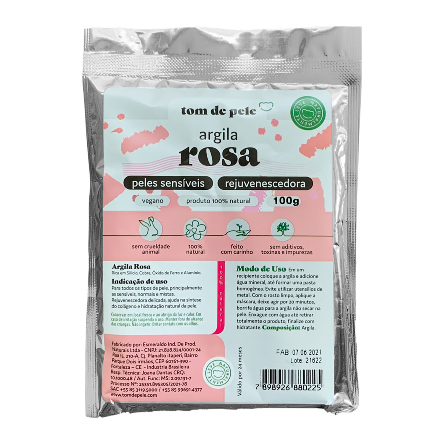 Máscara Facial Tom De Pele Argila Rosa 100g