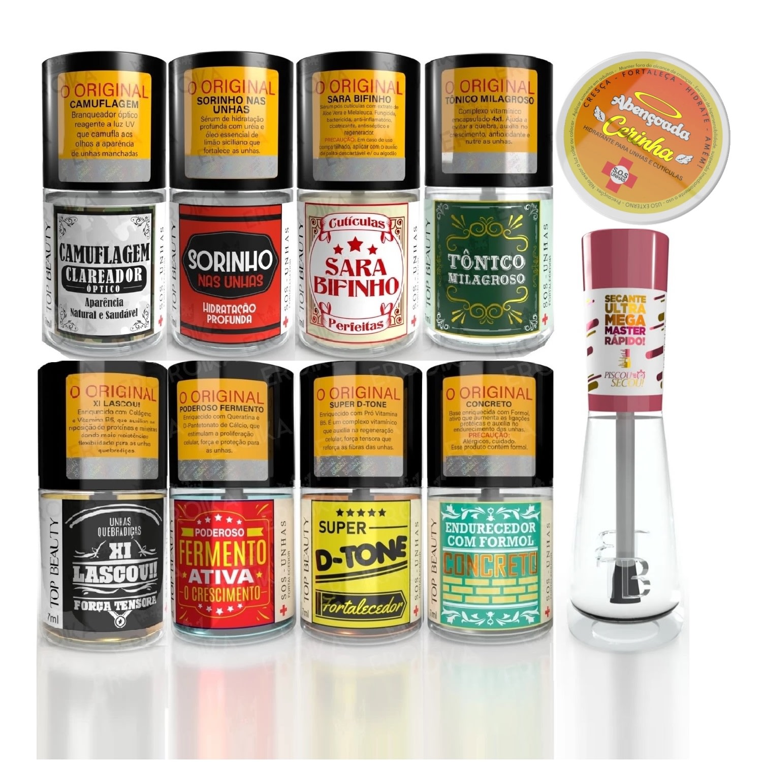 Kit Tratamento para Unhas Bases Fortalecedora Top Beauty SOS Unhas Completo 10 Itens